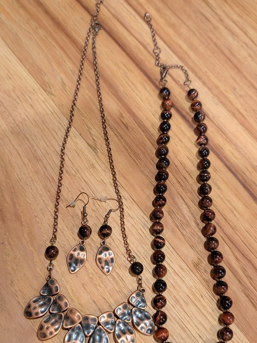 Copper-Tone And Red Tiger Eye Necklace Set with Statement Pendant